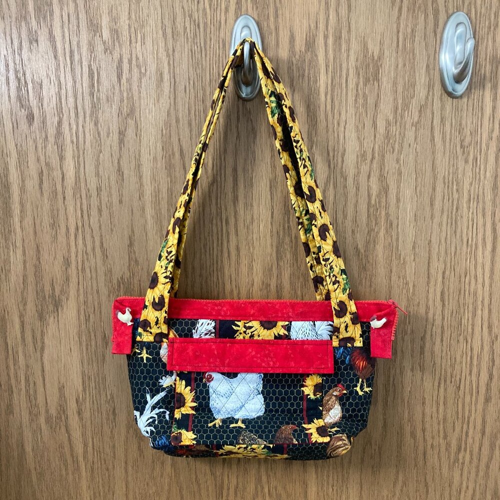 Handmade Quilted Shoulder Bag Purse With Chicken, Rooster and Sunflower Pattern